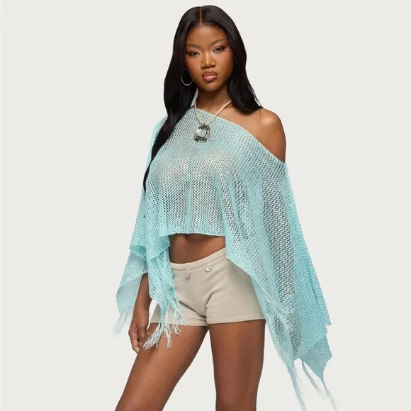 Edikted Blue Fringe Poncho - Picture 1 of 7